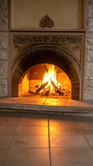 Warm fireplace with burning wood