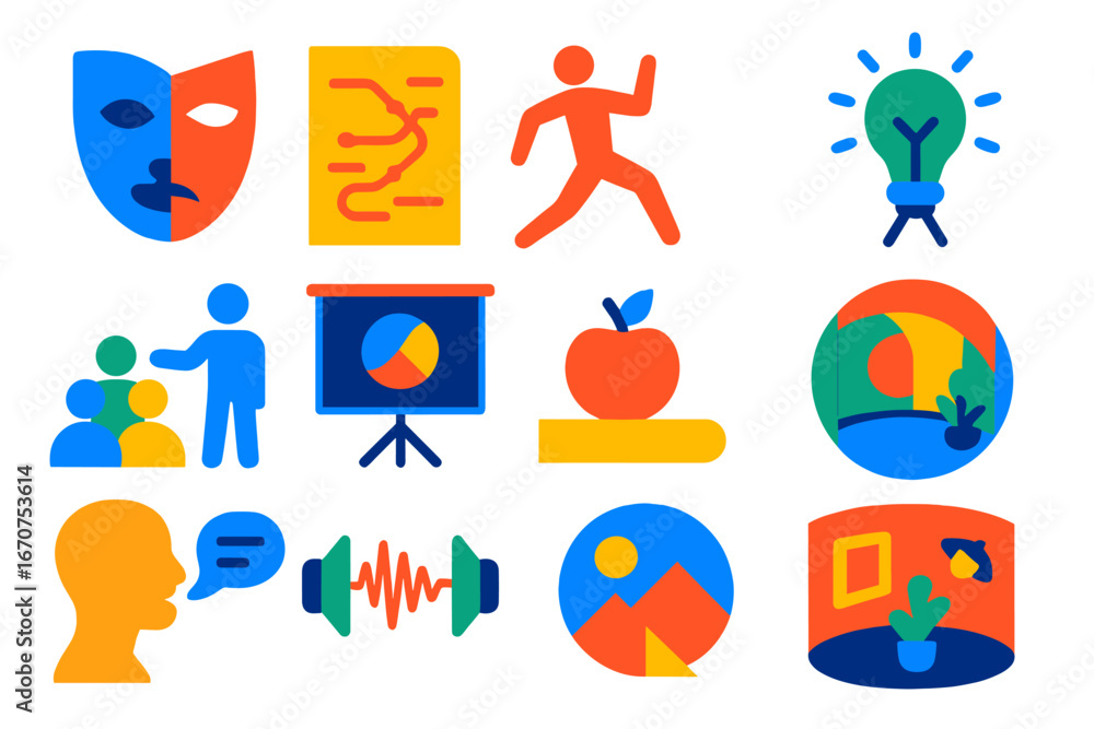 Poster collection of colorful icons that represent various concepts such as a person