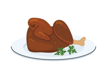 Traditional Oktoberfest roasted half chicken served on plate with garnish flat style food icon