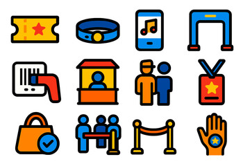 Set of icons for a theme park, including a ticket, a handbag, a ticket booth