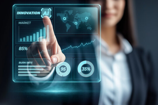Businesswoman interacting with a futuristic transparent display, leveraging artificial intelligence for market analysis and showcasing innovation in business technology