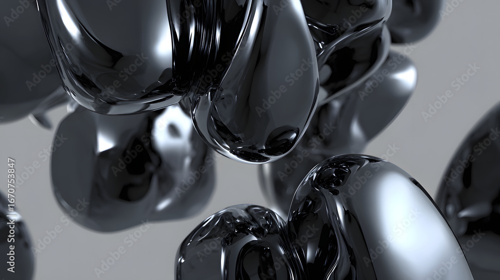 Poster Abstract 3D render showcases a dynamic arrangement of glossy, dark objects with flowing forms against a muted backdrop.