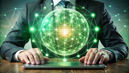 Businessman in a suit with a glowing green digital globe network hologram hovering over a tablet on a wooden table, symbolizing global connectivity and technology