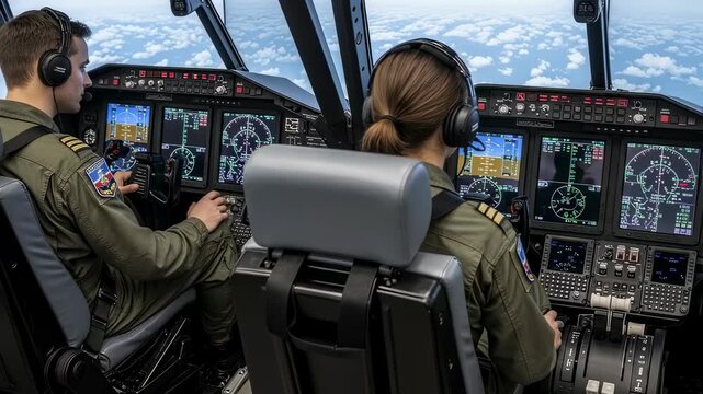 Man and woman in military uniforms piloting a flight simulator, training for aviation in a cockpit with digital displays.