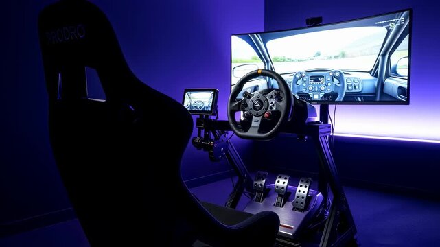 Sim racing setup with gaming seat, racing wheel, pedals, and screen showing a car dashboard, with LED lighting changing.