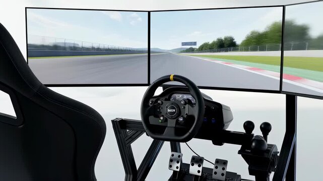 Racing simulator rig with triple monitor setup for immersive virtual driving experience and high performance footage.