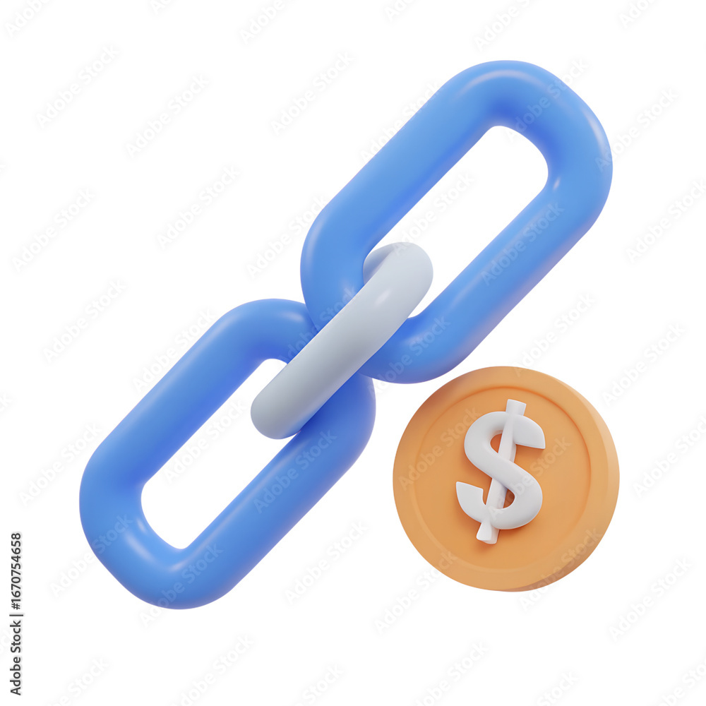 Fototapete 3d rendering of a blue chain link connected to a coin with a dollar sign representing financial conn