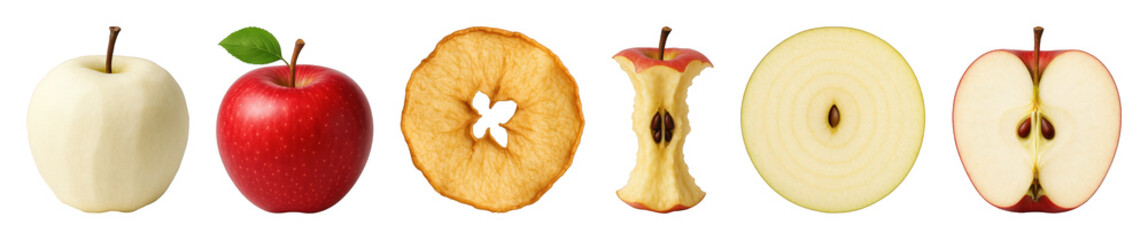 Apple set including peeled, whole, dried slice, core, cross-section, and halved forms isolated. Food preparation and healthy eating concept.
