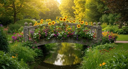 A small bridge with sunflowers and colorful flowers in a beautiful garden setting