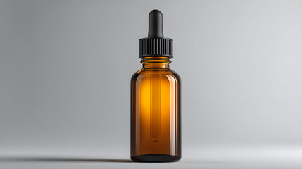 Fototapeta premium Empty amber glass dropper bottle with black cap on grey studio background, ideal for cosmetic and essential oil mock-ups.