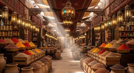 Sun-drenched aisles of a vibrant Middle Eastern spice market, showcasing an array of aromatic treasures under the warm glow of traditional lanterns