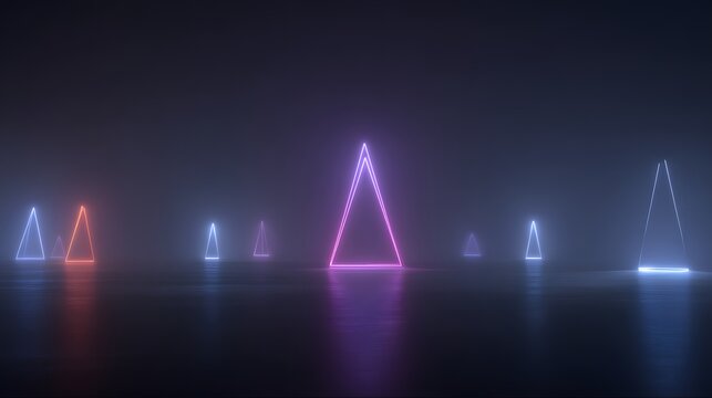 A collection of vibrant neon triangles illuminates a foggy, reflective surface, creating an otherworldly scene.