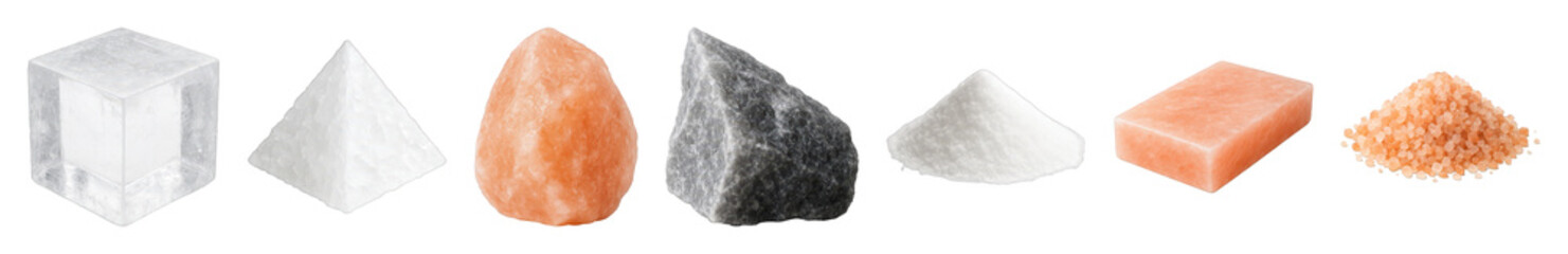 Salt set including white crystal, pink block, grey rock, fine powder, and coarse granules isolated. Culinary and wellness ingredient collection.