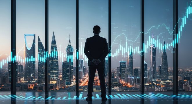 A confident business executive stands before a panoramic window, observing glowing financial charts overlaid on a stunning city skyline, symbolizing strategic vision and future success