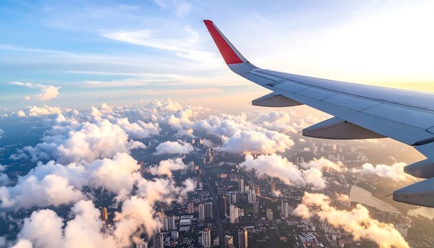 Airplane wing above city sunset.