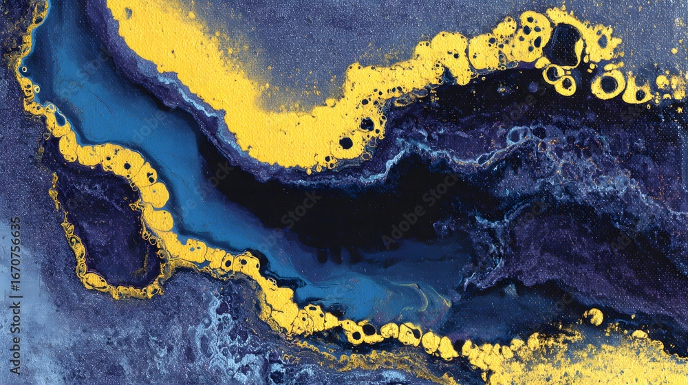 Poster a striking abstract design showcases flowing, textured patterns of deep blues and purples, accented 