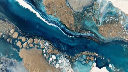 A mesmerizing abstract artwork featuring flowing teal and blue patterns, accented by speckled gold flecks and white accents.