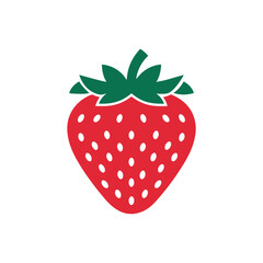 Obraz premium Strawberry Fruit Icon – Simple Red Berry Vector Illustration with Green Leaves for Logo, Sticker, and Food Design