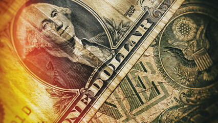 Old paper one dollar bills, close-up.
