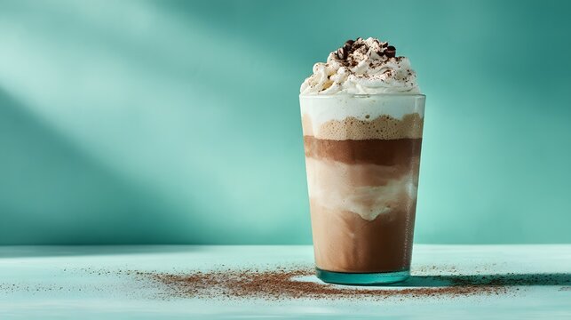 A refreshing layered iced coffee drink, topped with whipped cream and cocoa powder, sits in a glass against a teal backdrop.