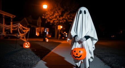 A child in a ghost costume walks down a neighborhood street at night, carrying a pumpkin bucket for Halloween.
