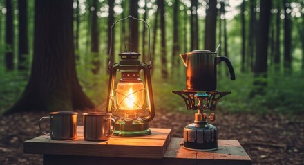 Warm, inviting light from a vintage lantern illuminates a camping scene with a coffee pot simmering over a portable stove.