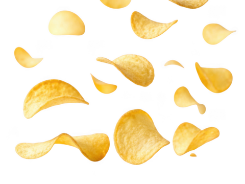 Crispy golden potato chips suspended mid-air in a captivating studio shot