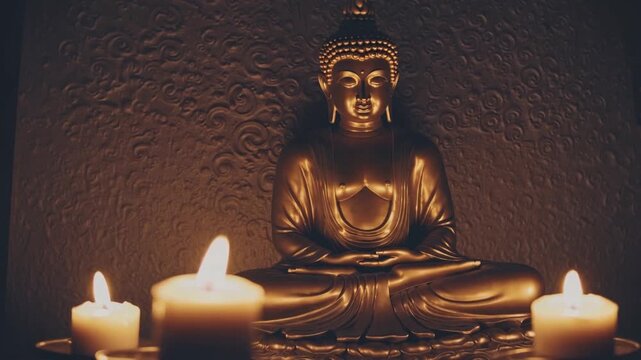 wellness and spa concept featuring Buddha figure surrounded by lit candles.