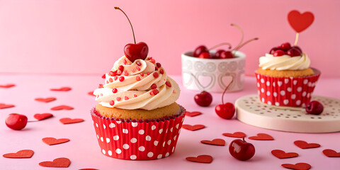 Festive Valentine's Day cupcake with red hearts on a romantic pink background.