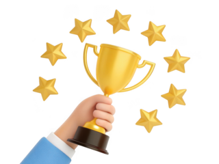 Hand holding golden trophy surrounded by sparkling stars celebrating achievement and victory