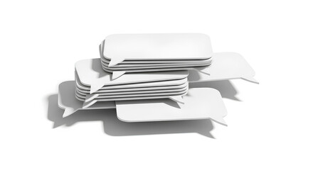 Stack of white rectangular speech bubble cutouts with pointed tails, flat lightweight material for creative communication concepts, dialogue, conversation, discussion, and idea exchange visuals