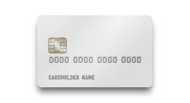 Blank white silver credit card with chip and placeholder numbers, clean unbranded design showing cardholder name layout, generic payment card template for banking, finance, shopping and transaction.