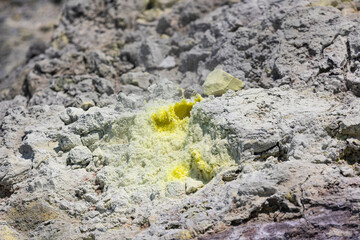 Sulfur deposit. Mendeleyev volcano. Kunashir. Russia