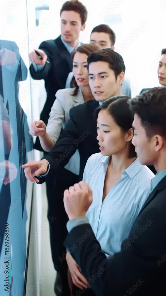 Poster a diverse team of business professionals in smart-casual attire collaborates on an interactive touch