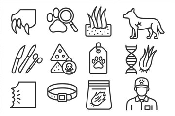 Fototapeta premium Animal Forensics Icons. Line style icons of animal forensic cases: wildlife tooth mark, paw print analysis, fur sample, animal