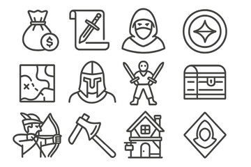 Mercenary Line Icons. Line style icons of mercenaries and hired swords: coin pouch, sword contract scroll, masked fighter,