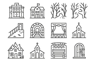 Haunted Places Icons. Line style icons of haunted locations: abandoned hospital, closed-down school, foggy forest path, rooftop