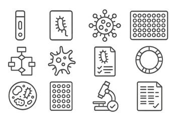 Microbial Diagnostic Icons. Line style icons of microbial diagnostics: rapid test strip, bacterial ID card, viral marker icon,