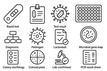 Microbial Diagnostic Icons. Line style icons of microbial diagnostics: rapid test strip, bacterial ID card, viral marker icon,