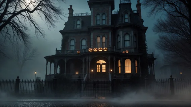 Spooky Victorian house with candlelight windows and fog