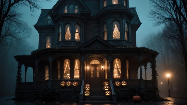 Haunted Victorian mansion with glowing pumpkins at night