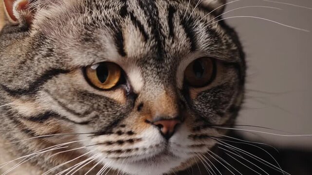 portrait graph of inquisitive Scottish Straight breed cat displaying curious expression.