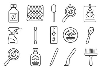 Bonsai Pest Control Icons. Line style icons of bonsai pest control: neem oil bottle, insect netting sheet, aphid magnifier,