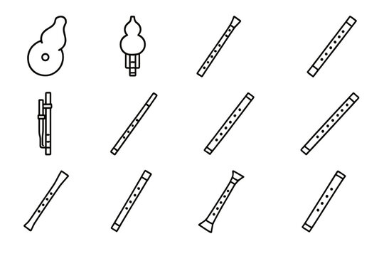 Rare Wind Instruments Icons. Line style icons of wind-based rare instruments: xun, hulusi, fujara, duduk, launeddas, ney flute,