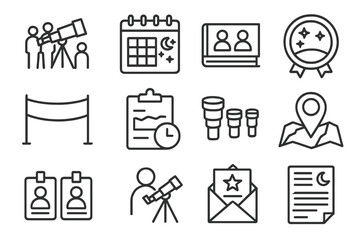 Astronomy Club Icons. Line style icons of amateur astronomy club items: group telescope night, stargazing calendar, group logbook,