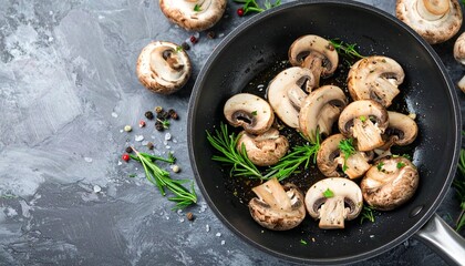 Mushrooms cooking in a pan with herbs