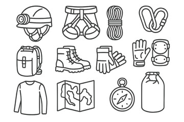Cave Exploration Essentials. Line style icons of cave exploration gear: headlamp helmet, climbing harness, rope coil, carabiner