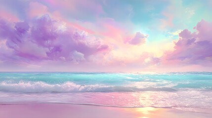 A serene, pastel-hued seascape, featuring soft, dreamy clouds and gentle waves against a beach of delicate pinks and light blues.