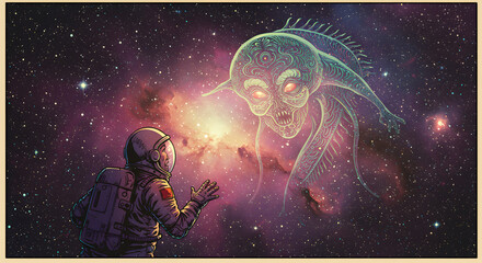 Naklejka premium Cosmic Encounter: An astronaut stands in awe of an ethereal alien being, bathed in the cosmic glow of the nebula and stars. a scene of exploration and the mysteries of the universe.