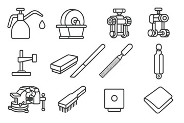 Antique Tool Icons. Line style icons of antique tool maintenance: oil can, grinding stone, sharpening jig, honing guide, tool rest